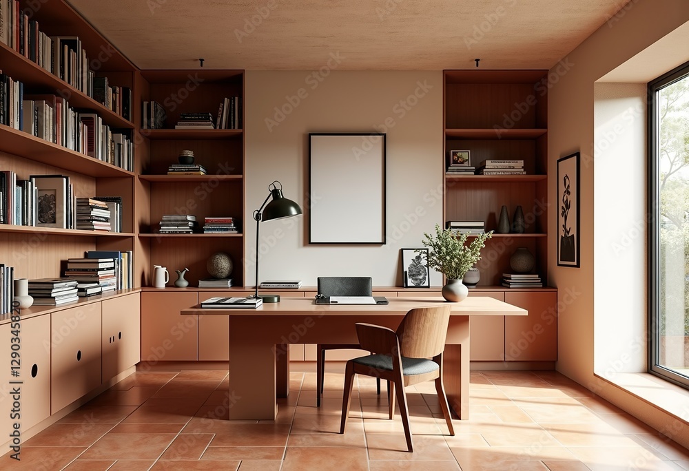 Fototapeta premium Design Your Coastal Sanctuary: Create a Harmonious Home Office with an Earthy Terracotta Palette, Minimalist Artwork, and a Desk Designed for Seamless Integration.