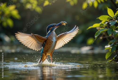 Bird catches fish in calm waters during golden hour