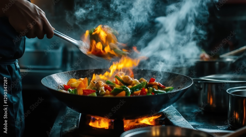 Chef stir-frying colorful vegetables in a wok with flames and steam Chef stir-frying colorful vegetables in a wok with flames and steam