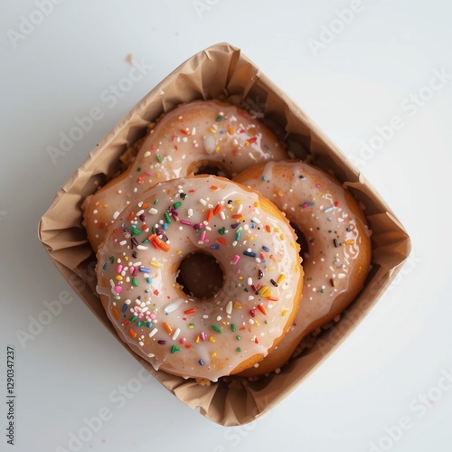 Doughnuts with glaze and sprinkles in a container against a white background