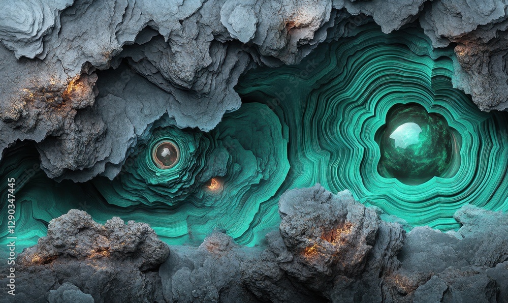 Obraz premium Turquoise cave with glowing orbs, rocky landscape background, abstract design element