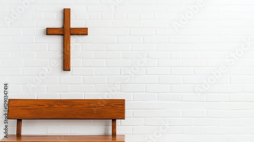 Wooden Cross and Pew in Simple White Brick Chapel