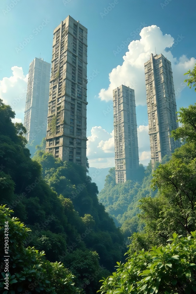 Fototapeta premium Sun-bleached skeletons of skyscrapers, swallowed by jungle, pattern, abandoned, resilience