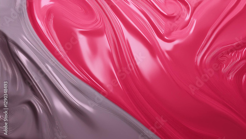 An abstract composition featuring a swirling, liquid-like texture with shades of pink and gray, creating a marble effect with smooth, flowing lines and a glossy finish.