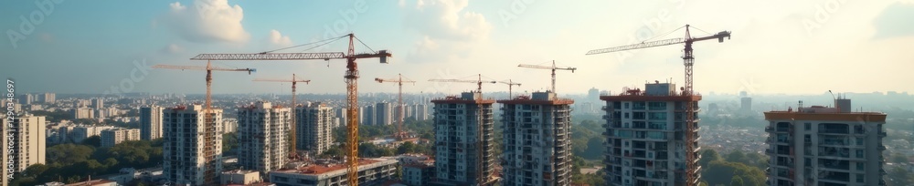Multiple tower cranes at a residential construction site, viewed from above , urban landscape, construction Multiple tower cranes at a residential construction site, viewed from above , urban landscape, construction