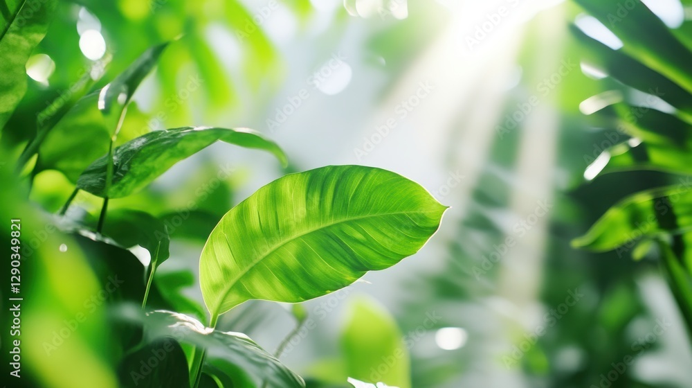 Fototapeta premium Light beam passing through plants, white background on the right.