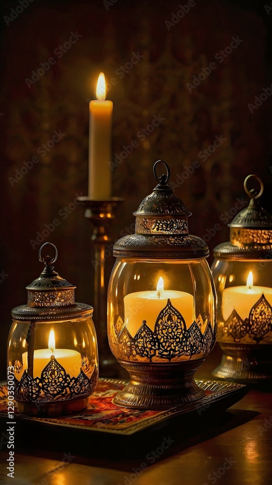 Flickering Candlelight in a Peaceful Ramadan Setting with Prayer Beads and Ornate Lantern Glow Flickering Candlelight in a Peaceful Ramadan Setting with Prayer Beads and Ornate Lantern Glow