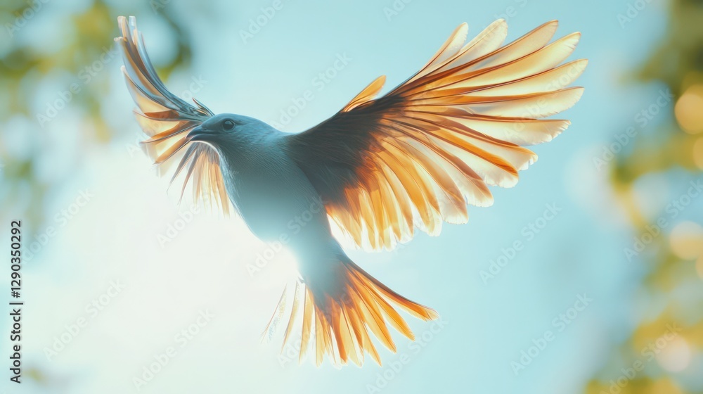Obraz premium Bird in flight, sunlight, trees, freedom