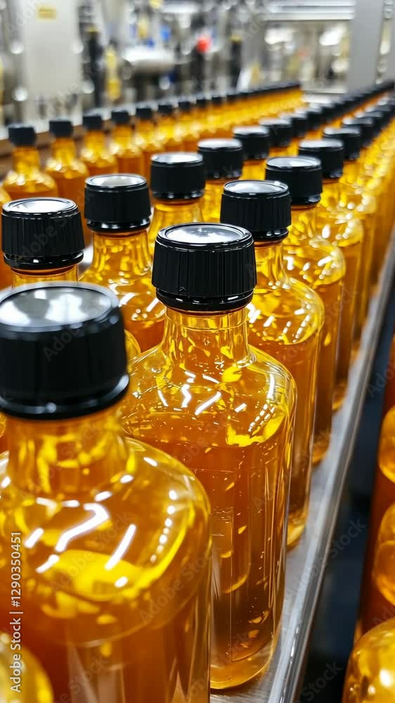 Bottles of golden liquid lined up on a production line in a factory during the daytime Bottles of golden liquid lined up on a production line in a factory during the daytime