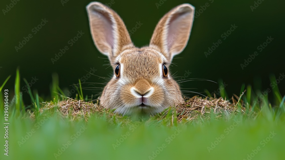 Fototapeta premium Rabbit peeking from grassy burrow