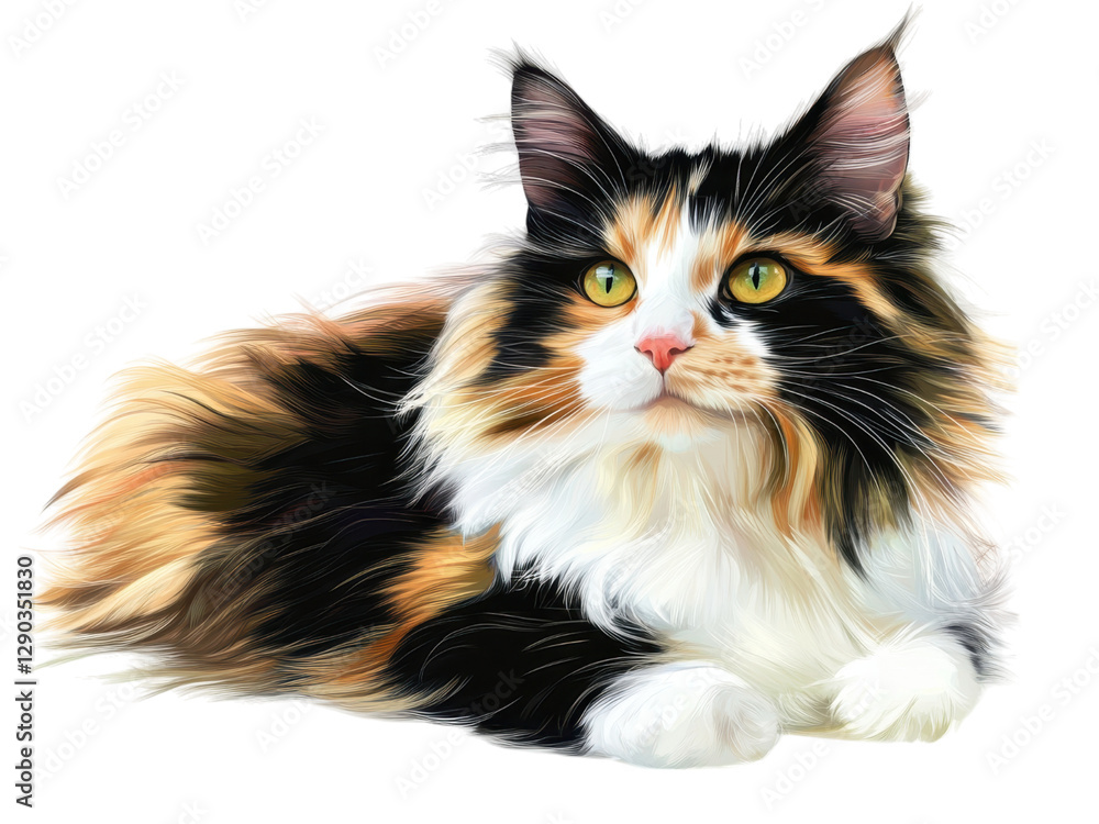 Majestic Maine Coon Cat Portrait Calico Fur Stunning Artwork Digital Painting Majestic Maine Coon Cat Portrait Calico Fur Stunning Artwork Digital Painting