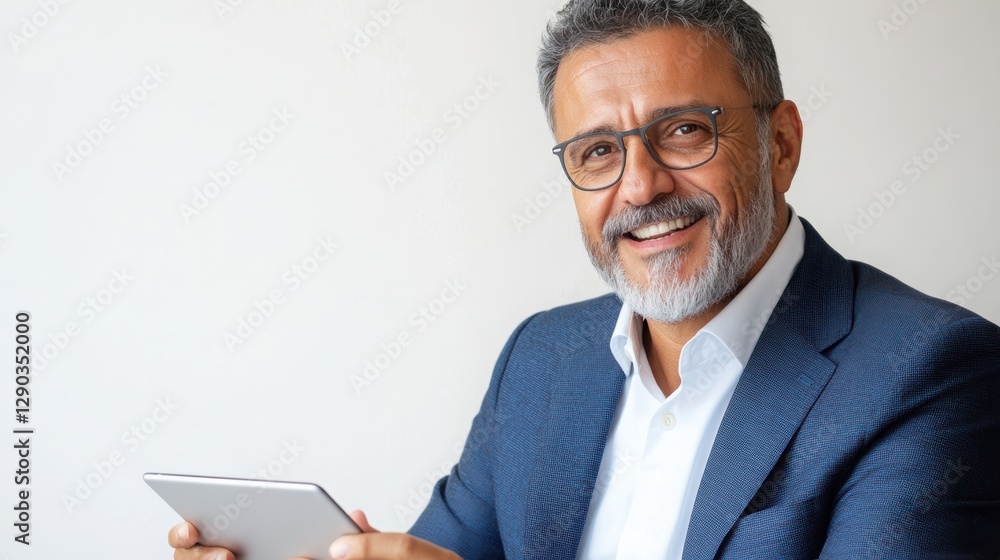 Turkish man in a business suit, holding a tablet, white background. Turkish man in a business suit, holding a tablet, white background.