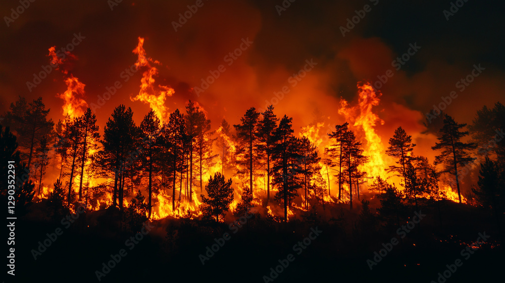 A raging wildfire engulfs a dense forest, with towering flames lighting up the night sky, glowing embers swirling, and brave firefighters battling the fierce inferno. A raging wildfire engulfs a dense forest, with towering flames lighting up the night sky, glowing embers swirling, and brave firefighters battling the fierce inferno.