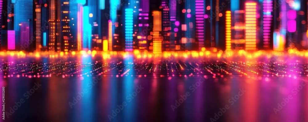 Naklejka premium Vibrant nightlife celebration urban cityscape digital art neon lights futuristic atmosphere aerial view