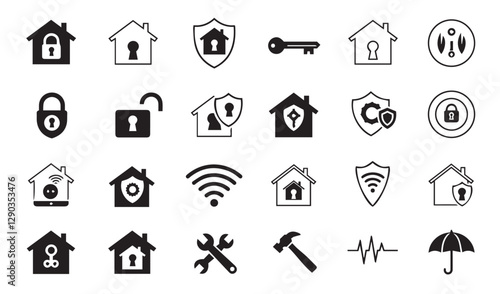 Smart Home Security Icon Set Modern Home Icon Lock Protection icon Safety Symbols icon WIFI icon setting icon  Maintenance Icon Repair Tools icon Technology icon heart shape icon Automation Icon   