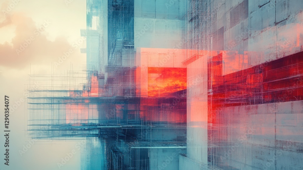 Fototapeta premium Double Exposure Building Construction Engineering Project Concept Graphic designers, architects or construction workers with modern technology and equipment