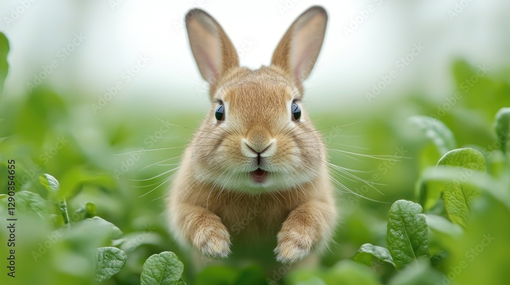 Fototapeta premium Playful bunny jumping through green foliage