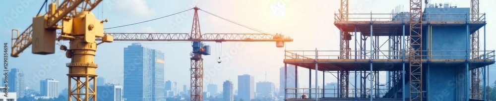 Construction site blueprint review, scaffolding, cranes, horizontal, building site, progress Construction site blueprint review, scaffolding, cranes, horizontal, building site, progress