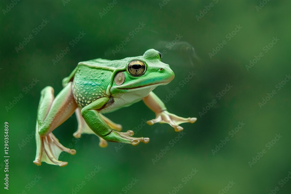 Obraz premium Cute and green frog is jumping through the air