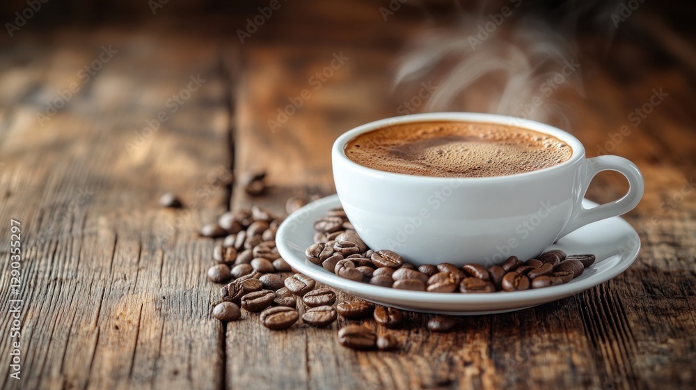 Fototapeta premium Hot coffee cup on rustic wooden table with coffee beans