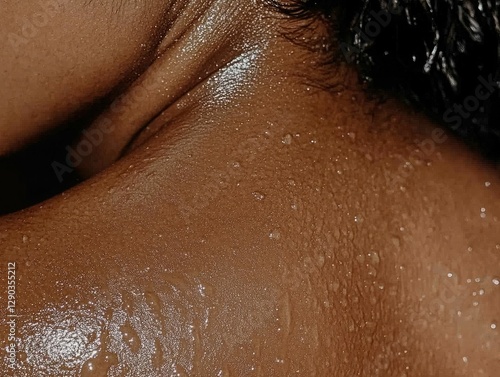 Sweaty shoulder and upper chest of a Black woman, visible skin texture, glistening moisture under light.