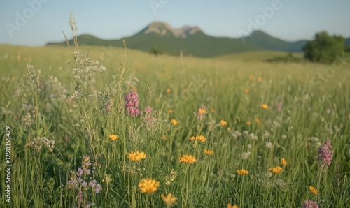 Vibrant Wildflower Meadow with Mountain Range Background