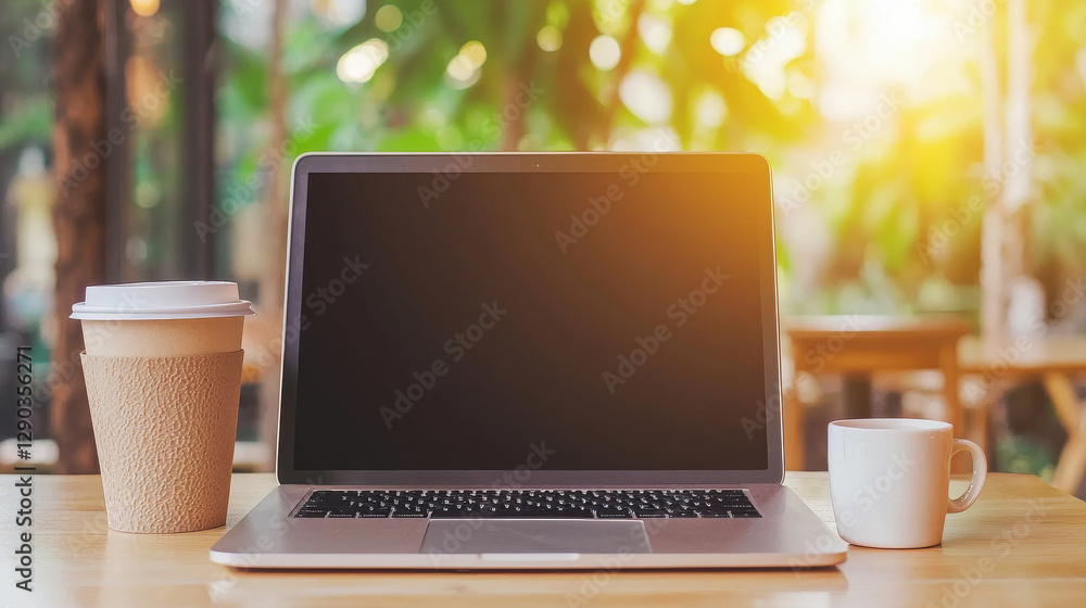 Laptop and coffee cups on wooden table in cozy cafe setting Laptop and coffee cups on wooden table in cozy cafe setting