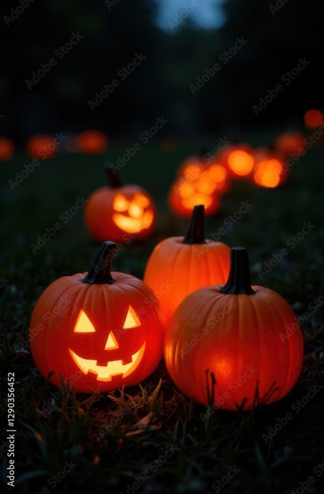 Fototapeta premium Illuminated jack-o'-lanterns creating a spooky halloween atmosphere at night