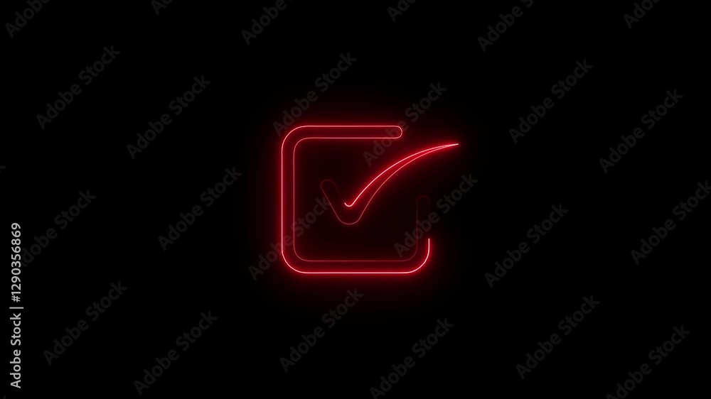 Neon animation of red color check mark sign. glowing future right tic mark   animation.