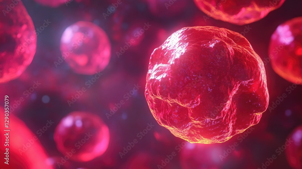 Fototapeta premium Close-up view of malignant cells under a microscope, glowing in red hues