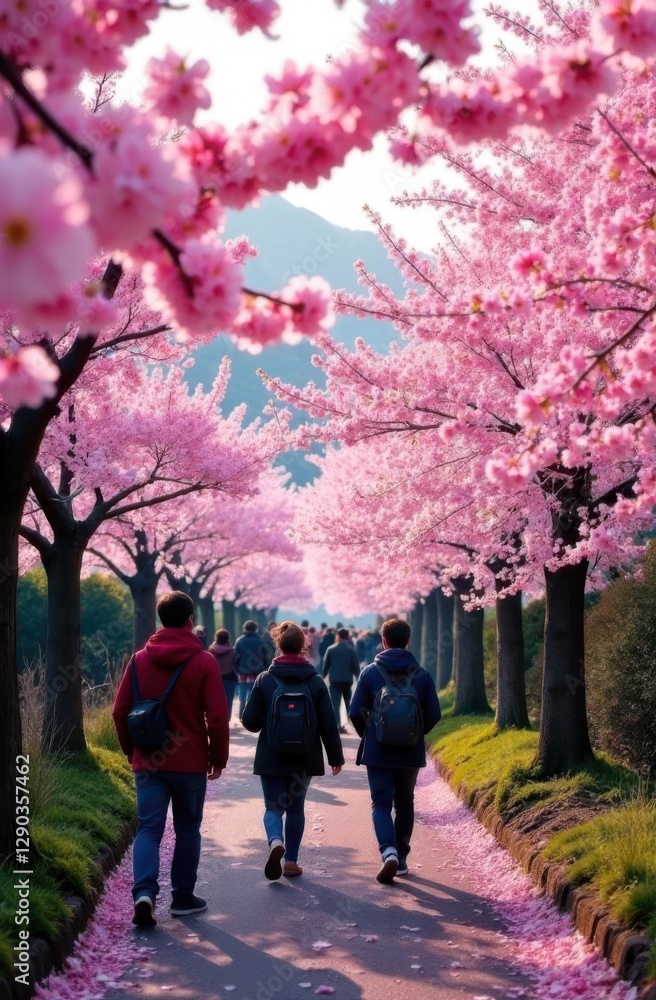 Students walking in blooming cherry blossom avenue during springtime Students walking in blooming cherry blossom avenue during springtime