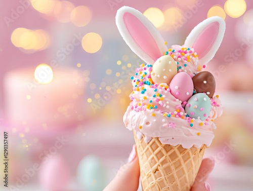 A colorful easter-themed ice cream cone with sprinkles and chocolate eggs.