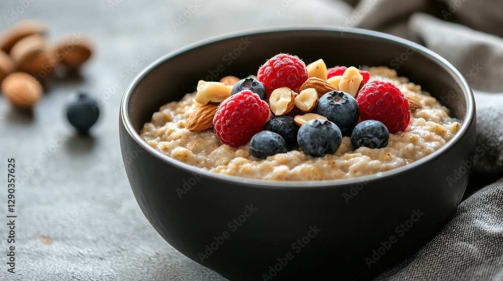A nourishing bowl of oatmeal topped with fresh berries and nuts. A nourishing bowl of oatmeal topped with fresh berries and nuts.