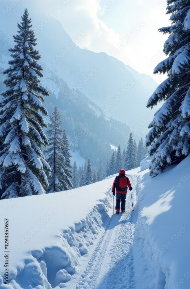 Mountaineer walking on snowy path in mountain valley in winter Mountaineer walking on snowy path in mountain valley in winter