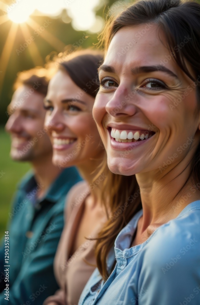 Three smiling friends enjoying a sunny day in the park