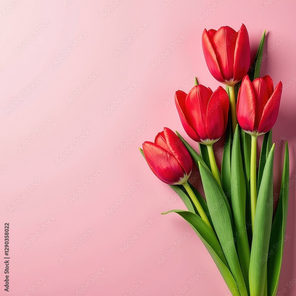 Fototapeta premium Vibrant Red Tulips Bouquet on Pink Background with Copy Space