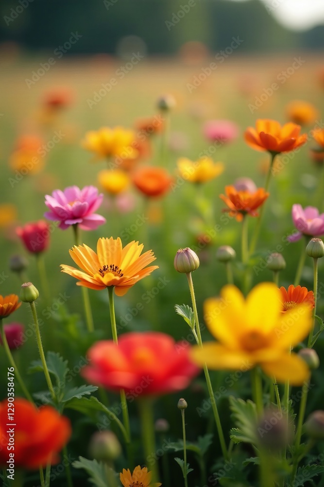 Close-up shot of a variety of vibrant wild flowers in a field, growth, outdoors, wildflowers Close-up shot of a variety of vibrant wild flowers in a field, growth, outdoors, wildflowers