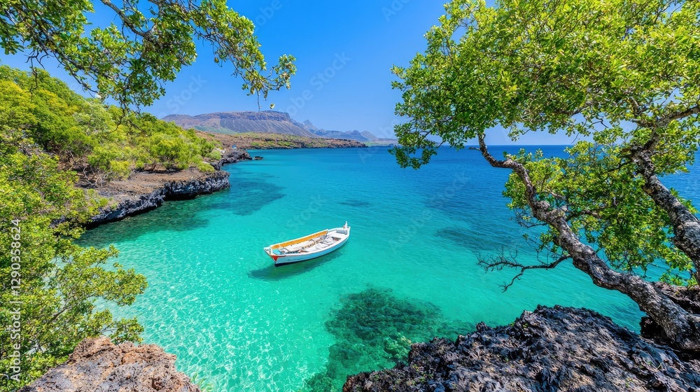 Obraz premium Tranquil island cove, boat, turquoise water, sunny day, travel brochure