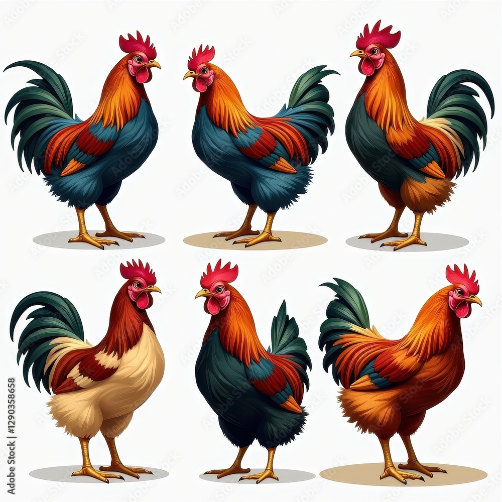 Fototapeta premium Set of 6 Colorful Rooster Illustrations on White Background