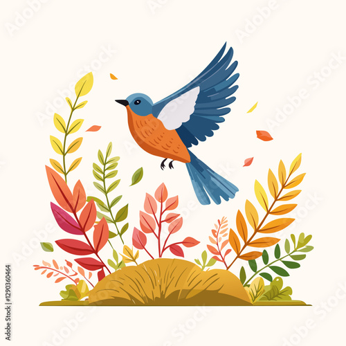 Illustration of Blue Bird Flying Above Colorful Floral Nature Scene