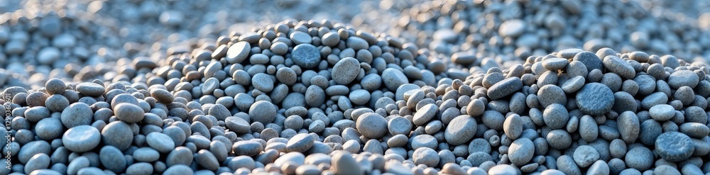 Close-up shot of smooth grey gravel texture with small pebbles, gravel, stones Close-up shot of smooth grey gravel texture with small pebbles, gravel, stones