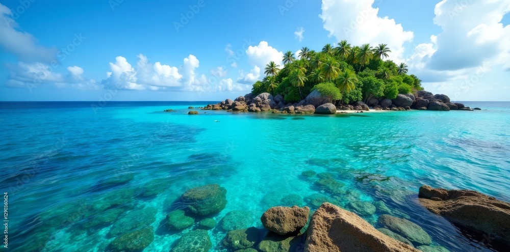 Obraz premium Azure lagoon, vibrant coral reef, lush island , nature, Polynesia, paradise