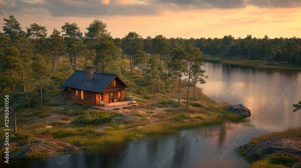 Fototapeta premium Lakeside cabin at sunset, nestled in a pine forest