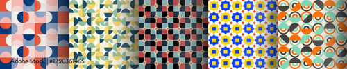 Set of geometric seamless pattern with square, rounded, circle, triangle and abstract shape. Five style colorful vector background.