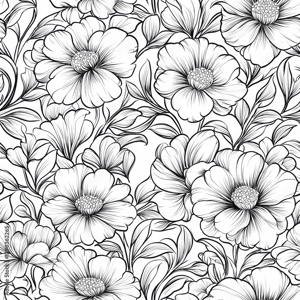 Intricate black and white floral pattern with richly detailed motifs and seamless geometric intertwining, featuring blooming flowers and leaves Intricate black and white floral pattern with richly detailed motifs and seamless geometric intertwining, featuring blooming flowers and leaves