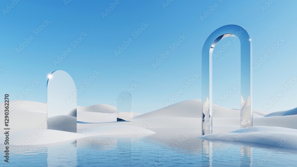 3d illustration of abstract minimal architecture background, geometric architectural with chrome or metallic design, Surreal landscape 3d illustration of abstract minimal architecture background, geometric architectural with chrome or metallic design, Surreal landscape