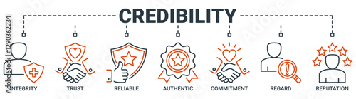 Credibility banner web icon vector illustration concept with icon of integrity, trust, reliable, authentic, commitment, regard, and reputation icons. Outline symbol background.