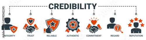 Credibility banner web icon vector illustration concept with icon of integrity, trust, reliable, authentic, commitment, regard, and reputation icons. Solid color symbol background.