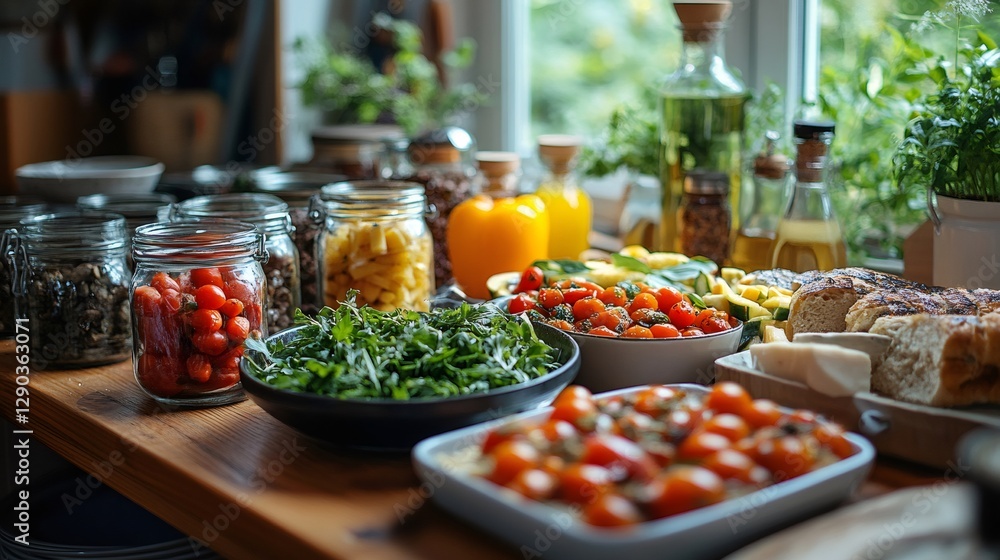 Fresh vegetables, fruits and bread laid out on a table for healthy eating Fresh vegetables, fruits and bread laid out on a table for healthy eating