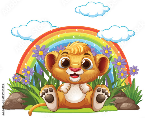 Cute Lion Cub Under Rainbow
